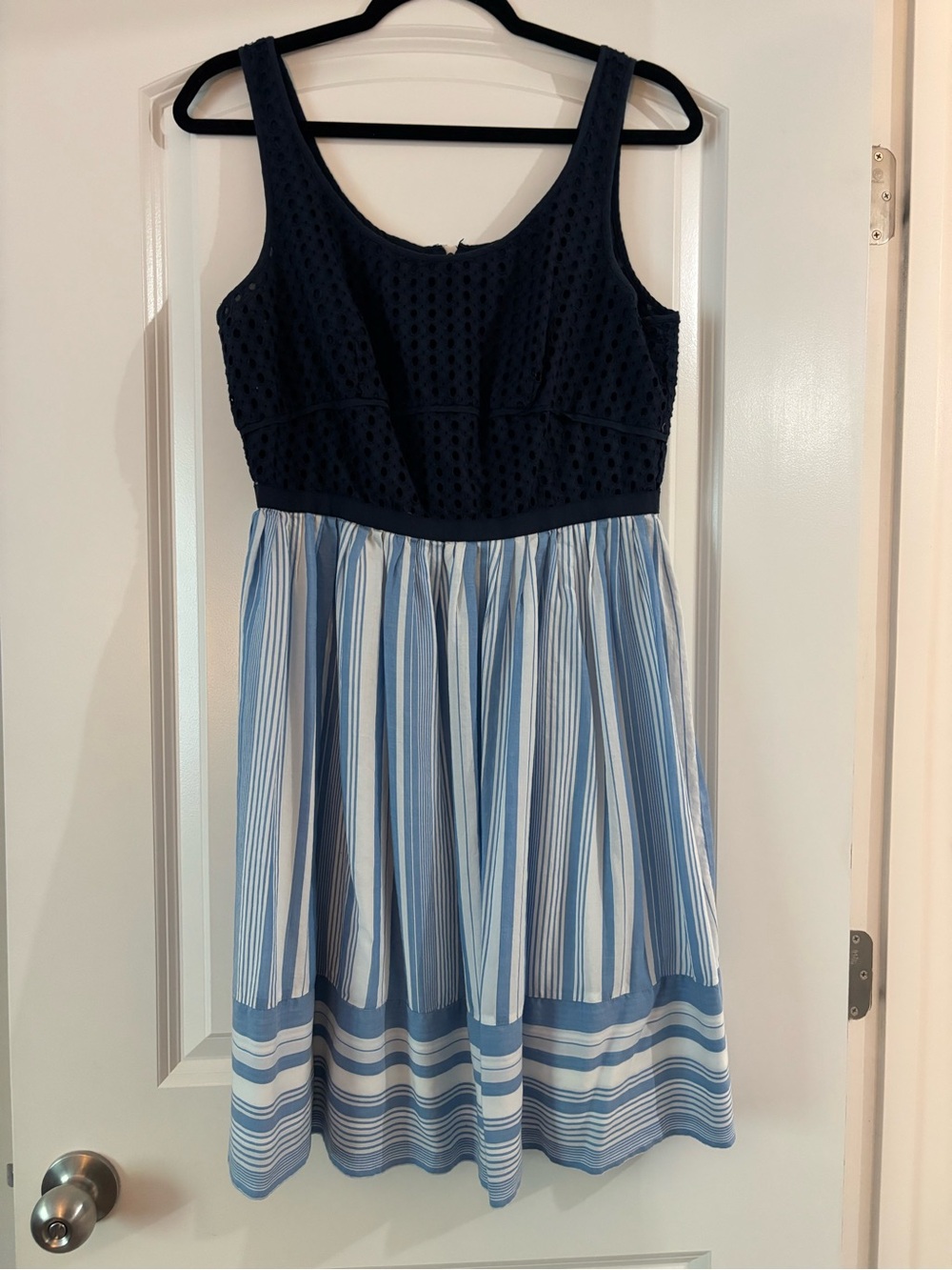 LOFT Navy Eyelet Bodice Blue and White Striped Sundress